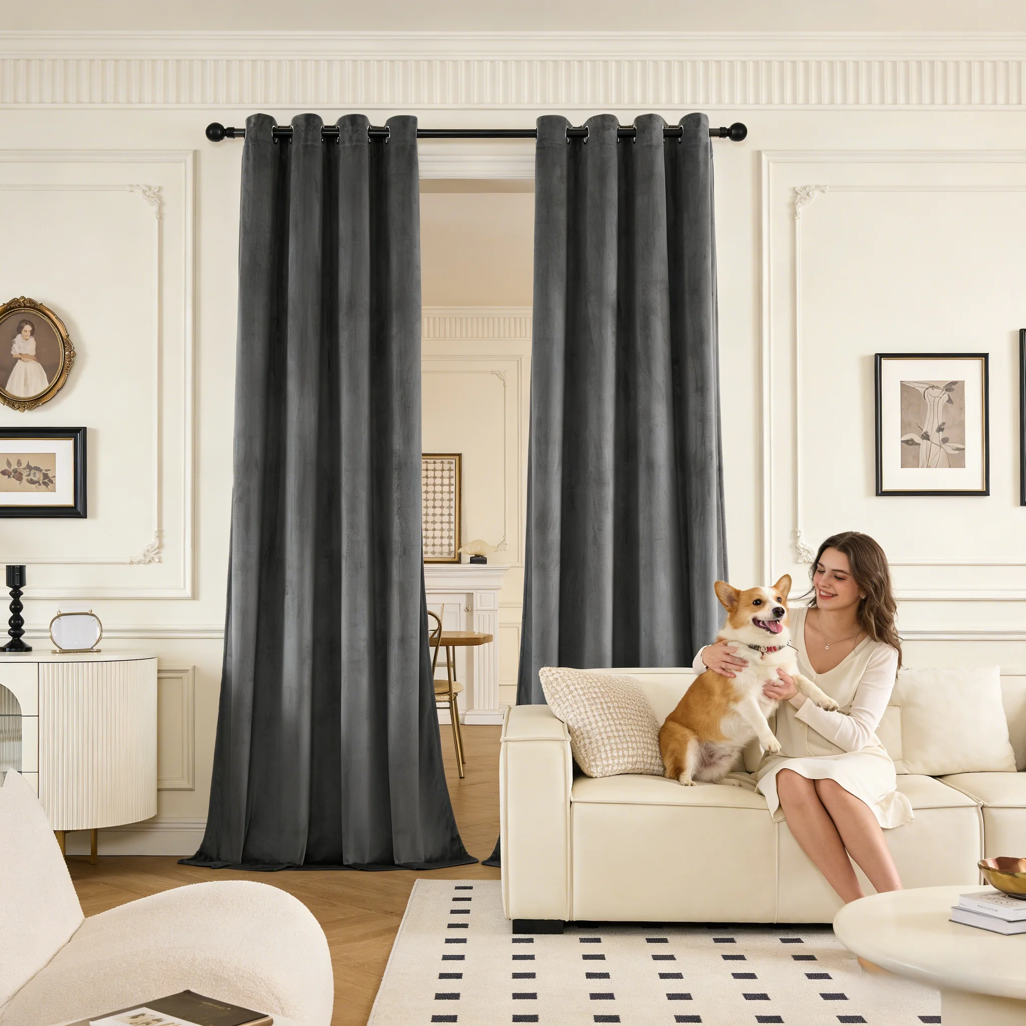 2pcs Luxury Velvet Curtain Grommet Top Soft Window Drapes Curtain for Living Room Bedroom Home Window Decoration