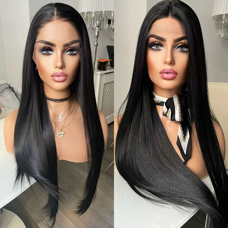 Jet Black Straight Hair Wig Synthetic Lace Front Wigs High Quality Heat Resistant Fiber Hair Natural Hairline For Black Women