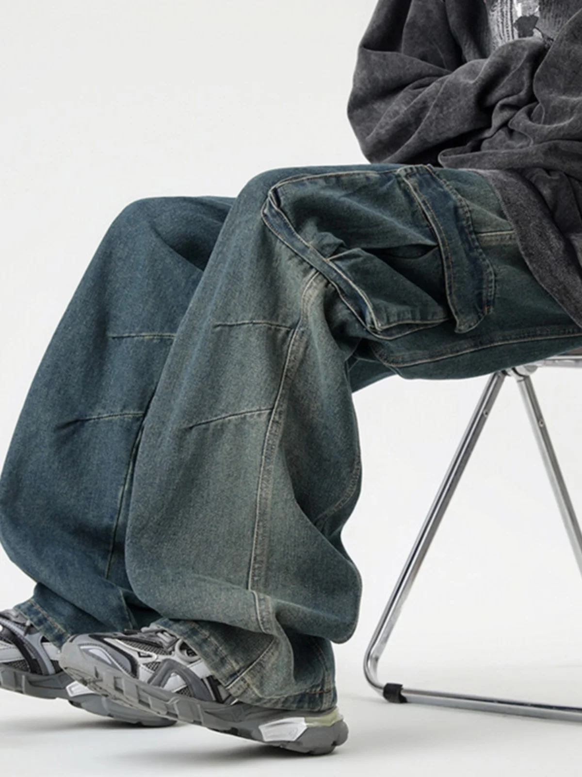 

Waed Vintage Men's Jeans Fall New Sle American Trendy Brand Hip Hop Multi ket Loose Wide Leg Floor-Length Pants