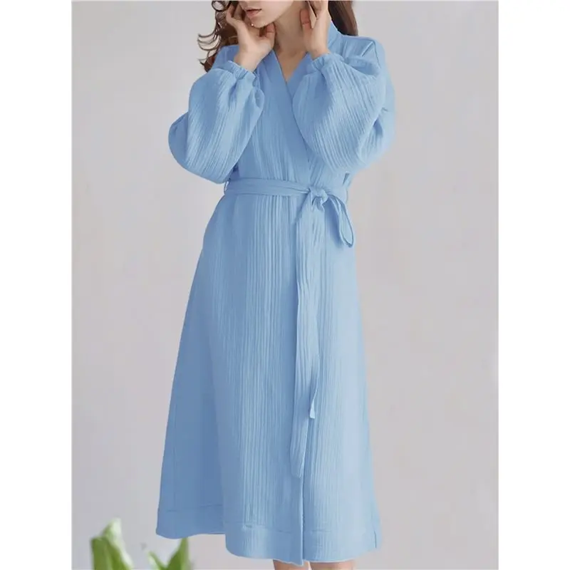 Women's Crinkle Cotton Wrap V Neck Long Sleeve Belted Long Robe Eco-Friendly