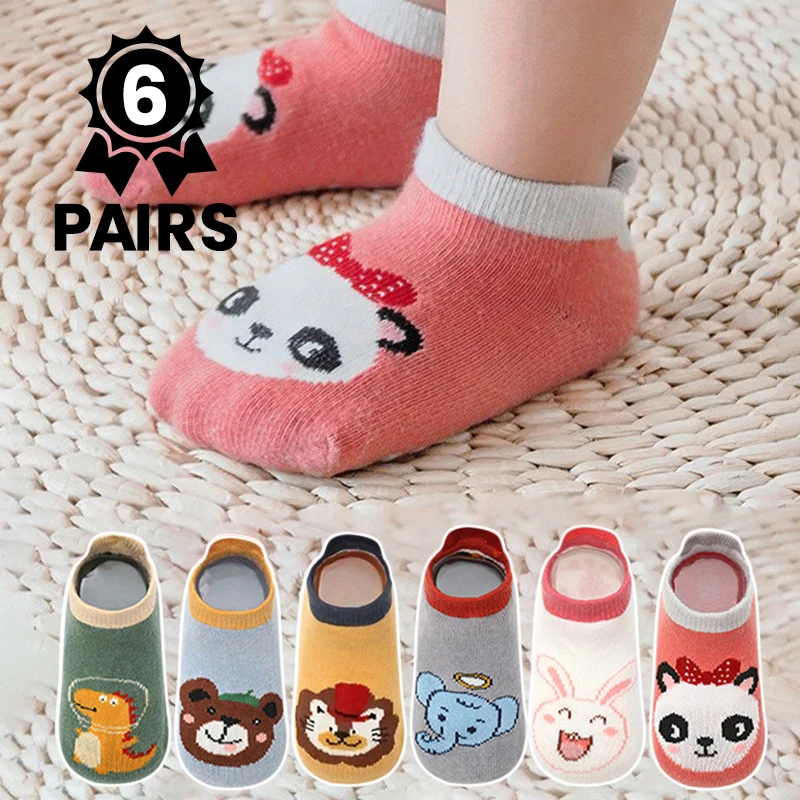 6 Paar süße Cartoon-Tier-Baby-Slipper-Socken, Bodensocken für Jungen und Mädchen, Trampolinsocken, Baby-Laufsocken