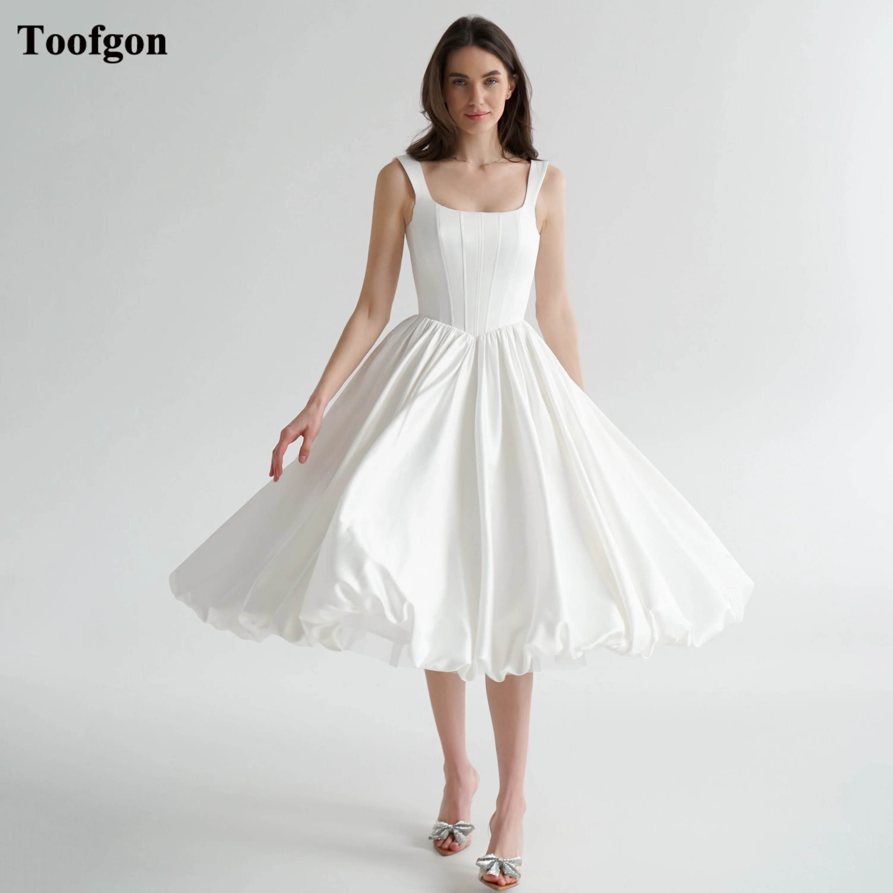 Toofgon A Line Soft Satin Short Bride Wedding Dresses Pockets Customized Square Collar Women Bridal Gowns Wedding Photography