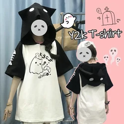 Y2k women clothing arcane Short Sleeve Hoodie with Hooded White Black Subculture Harajuku T-shirt Cute Kawaii Loose New Top