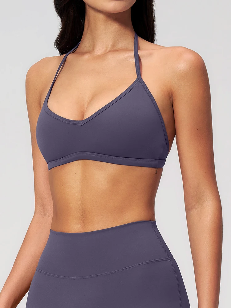 VITALINOVO Open Back V-Neck Sports Bras for Women Adjustable Halter Padded Yoga Top Low Impact Wotkout Basic Wireless Camisoles