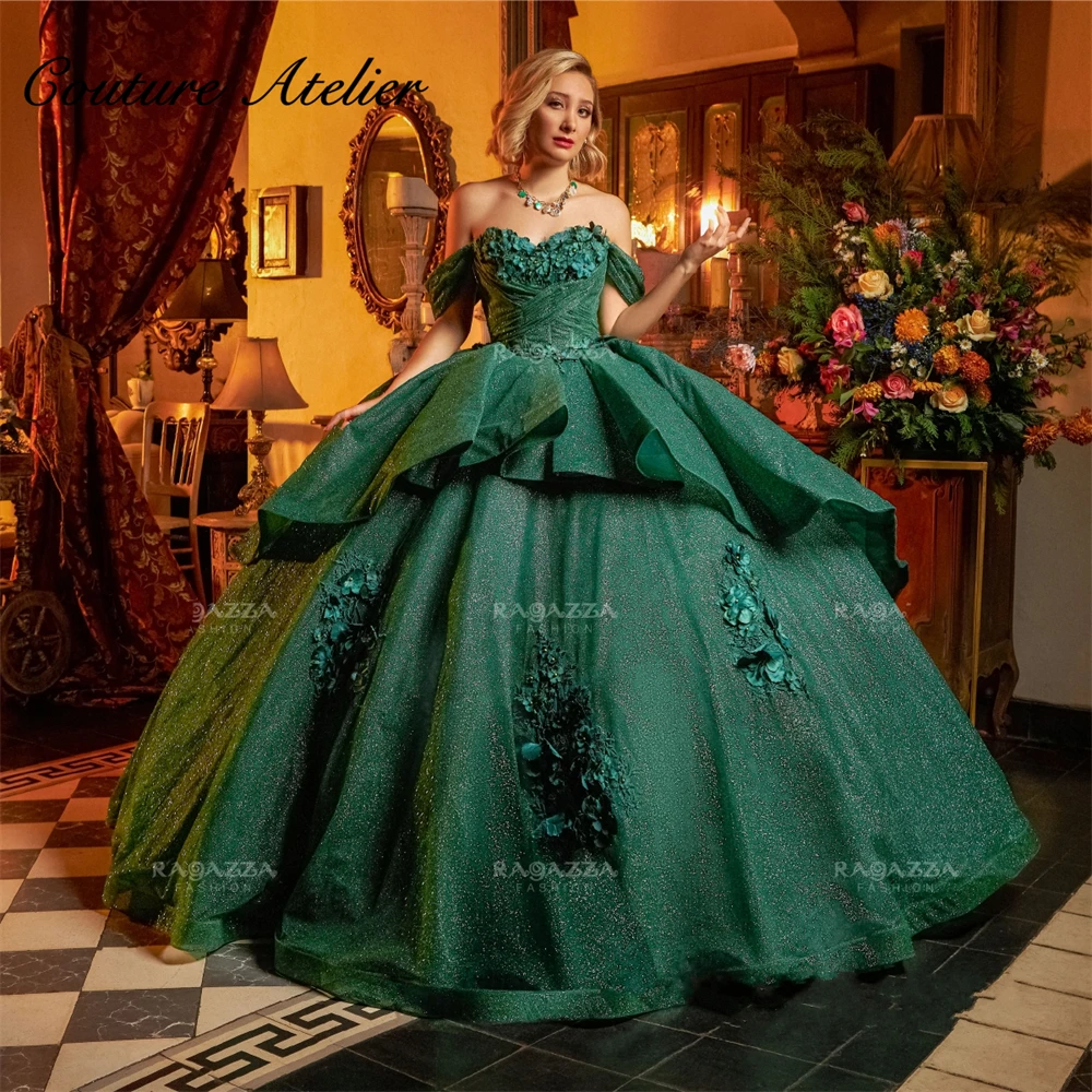 Vestidos de quinceañera verde oscuro con hombros descubiertos, con cuentas en 3D, flores, 16 vestidos de baile, vestidos de cumpleaños de tul, 15