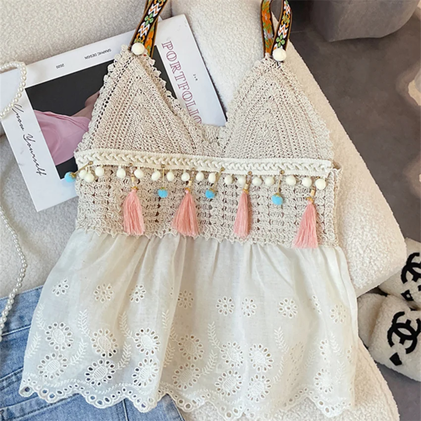 

2023 Fashion Sexy Women Bohemian Blouse Lace Tank Summer Outfits Lady V-neck Tassel Vest Mesh Tops Waistcoat Bottomings WZ2123