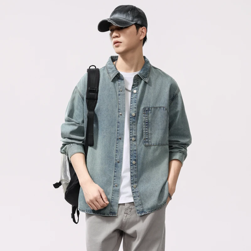 

Classic American Washed Denim Shirt for Men - Vintage Blue Relaxed Fit (Spring/Fall Casual Style) Plus Size 4XL Shirt Jacket