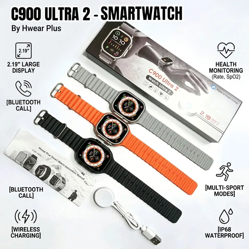Novo Relógio Inteligente C900 Ultra 2 com Tela HD de 2.09", Chamada Bluetooth, Carregamento Sem Fio, Monitor de Fitness para Homens e Mulheres