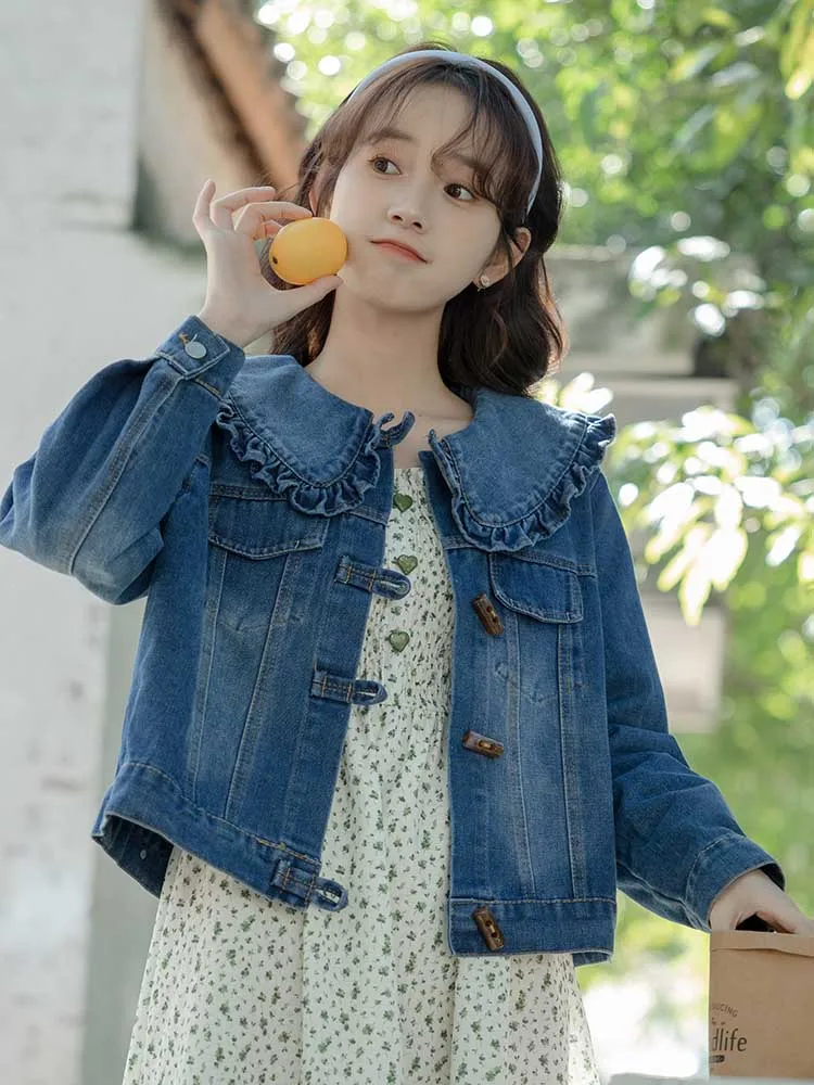 Crop Denim Jacket Women Vintage Sweet Peter Pan Collar Button Jean Coat Korean Fashion Ruffled Female Long Sleeves Loose Outwear