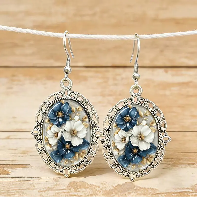 Vintage ovale Blumen-Glas-Cabochon-Ohrringe für Frauen, blau-weiße florale Tropfenohrringe, Schmuckgeschenke