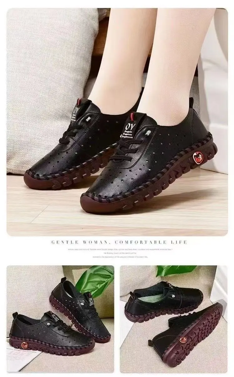 Weiche perforierte Leder-Loafer für Damen, atmungsaktive, ausgeschnittene Gummisohle, rutschfeste Fußgewölbestütze, leichte flache Schuhe für den Außenbereich – Detail 3