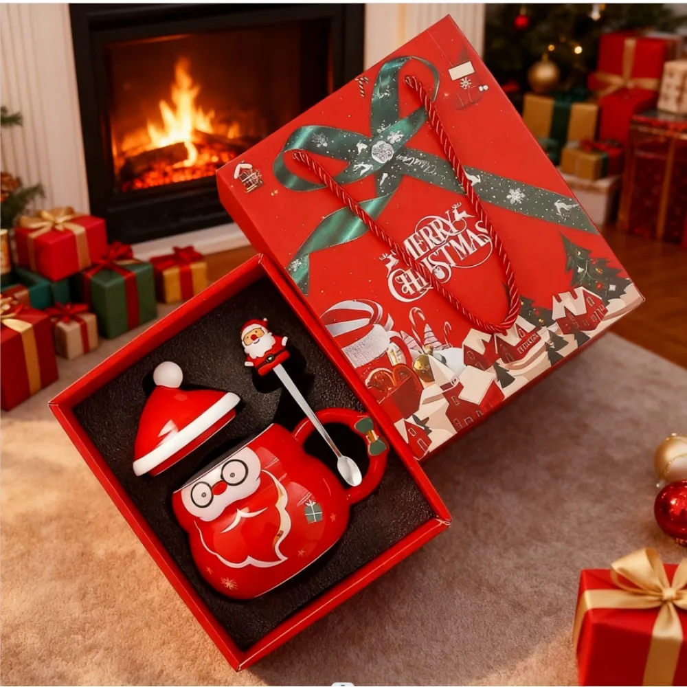 

Милая мультяшная керамическая рождественская кружка с крышкой, ложкой, кофейной чашкой, новогодний подарочный набор, посуда для напитков, чашка для чая, украшение для вечеринки