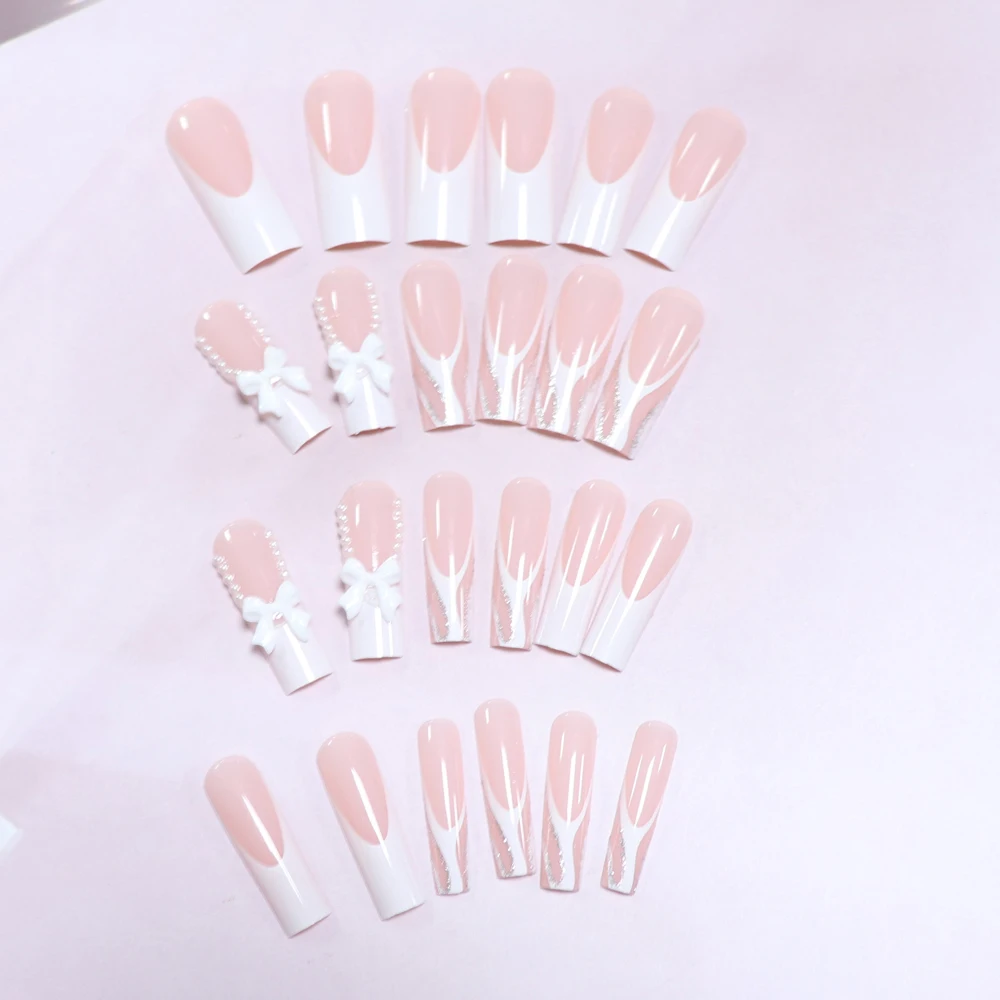 24pcs coffin long press on nails bowknot blcak fake press on nails white pearl summer nails sweet french tip press on nails cute