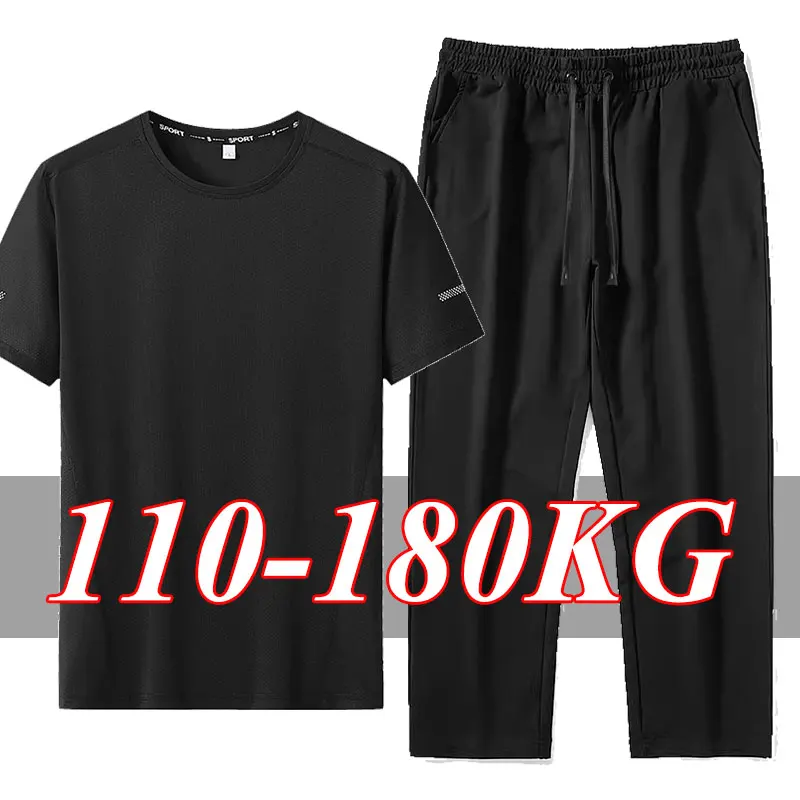 1pc/2pcs Plus Size Men's T-shirts Pants Ice Silk Quick Dry Tees Trousers Short Sleeves Tops Long Baggy Sweatpants Male Clothing