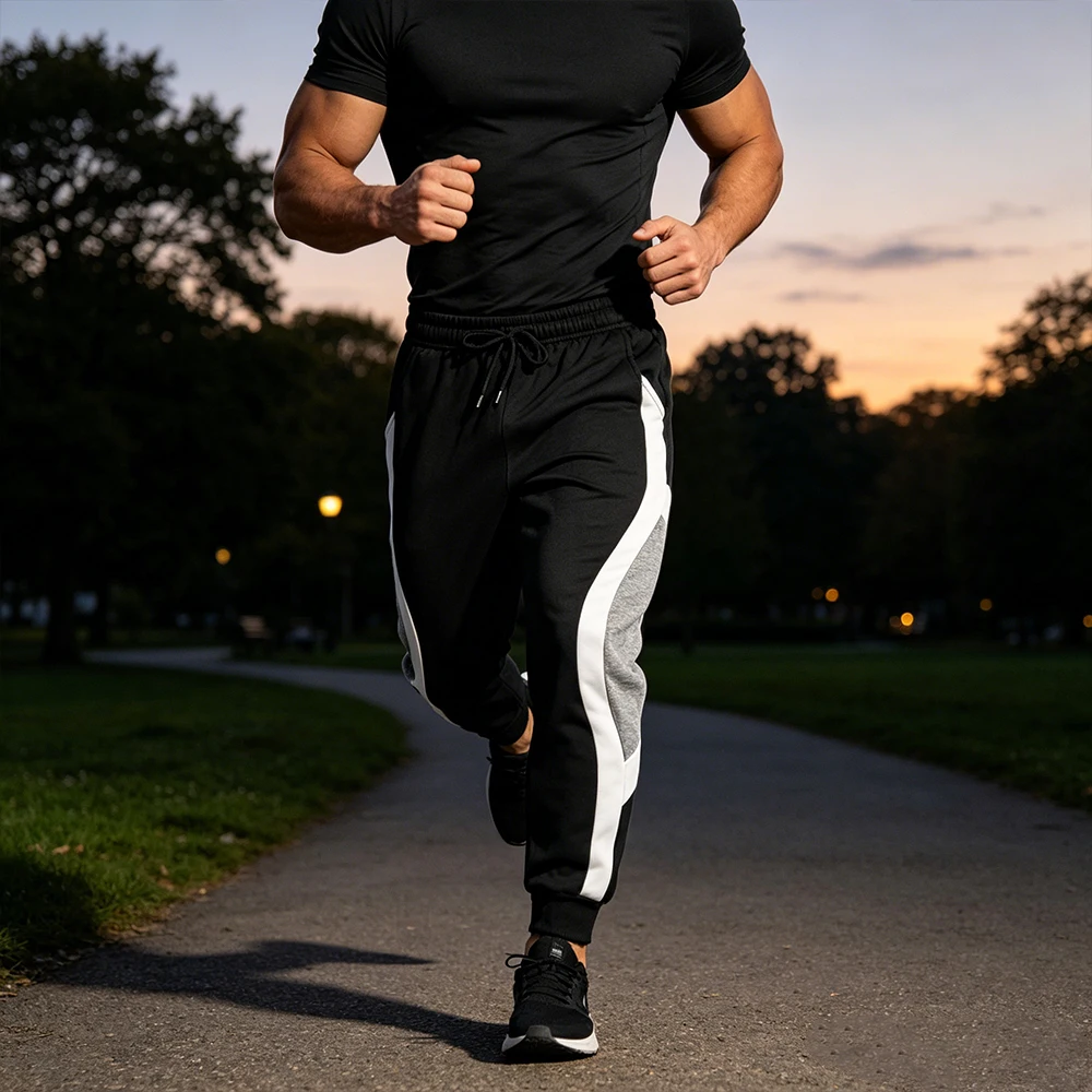 calcas-de-moletom-masculinas-streetwear-com-paineis-curvos-contrastantes-e-blocos-de-cor-laterais-calcas-de-corrida-com-cordao-e-cintura-elastica-para-treino