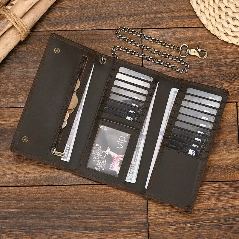 Genuine Leather Leather Clip Purse For Men Multi Card Wallet With Iron Chain Wrist Men Purse For 6 Inch Mobile Phone Pouch Coins