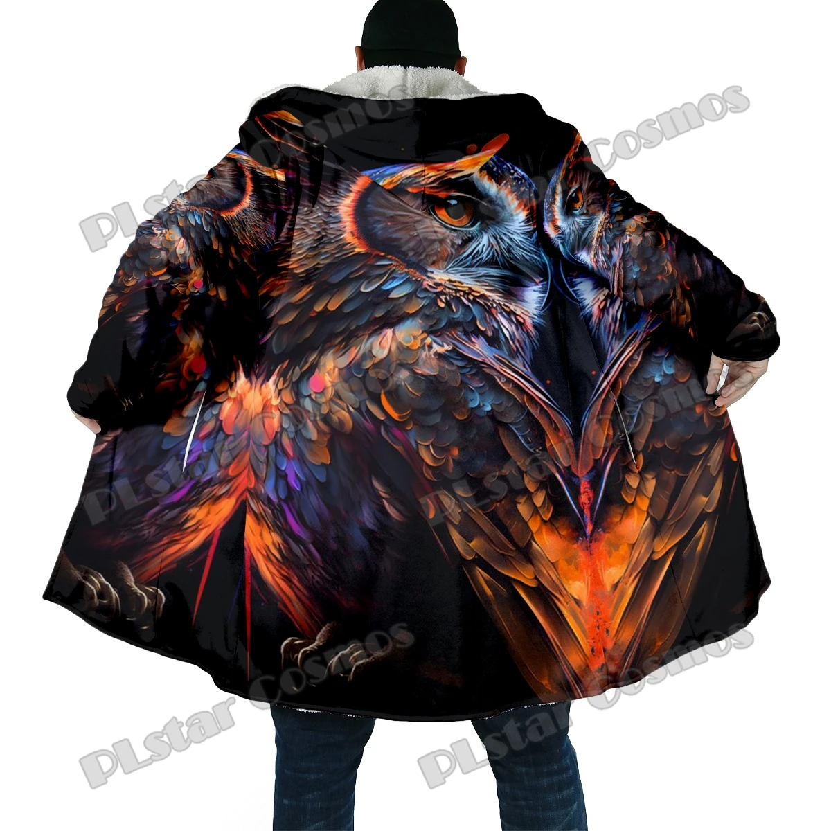 Winter Fashion Men's cloak Animal Owl Pattern 3D All Over Printed Thick Fleece Hooded Cloak Unisex Casual Warm Cape Coat DP57