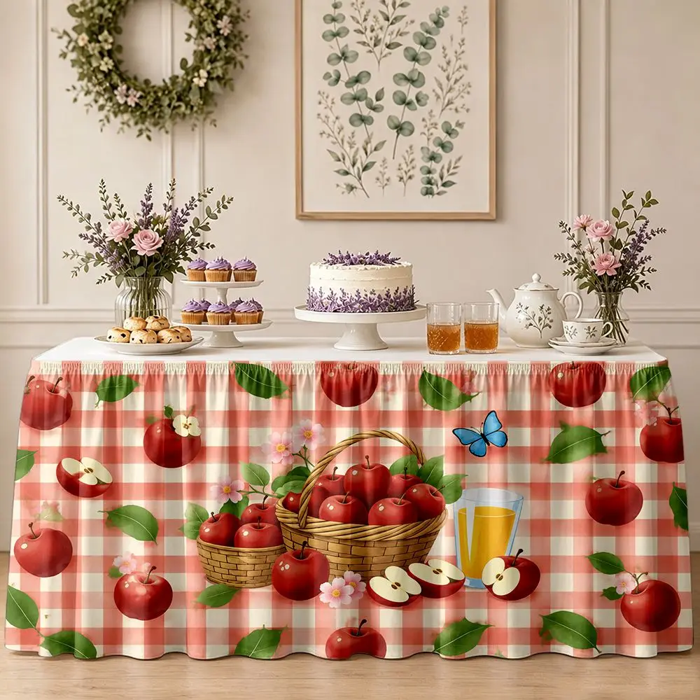 One-piece party table skirt decoration - red apple basket juice pattern ruffled tablecloth