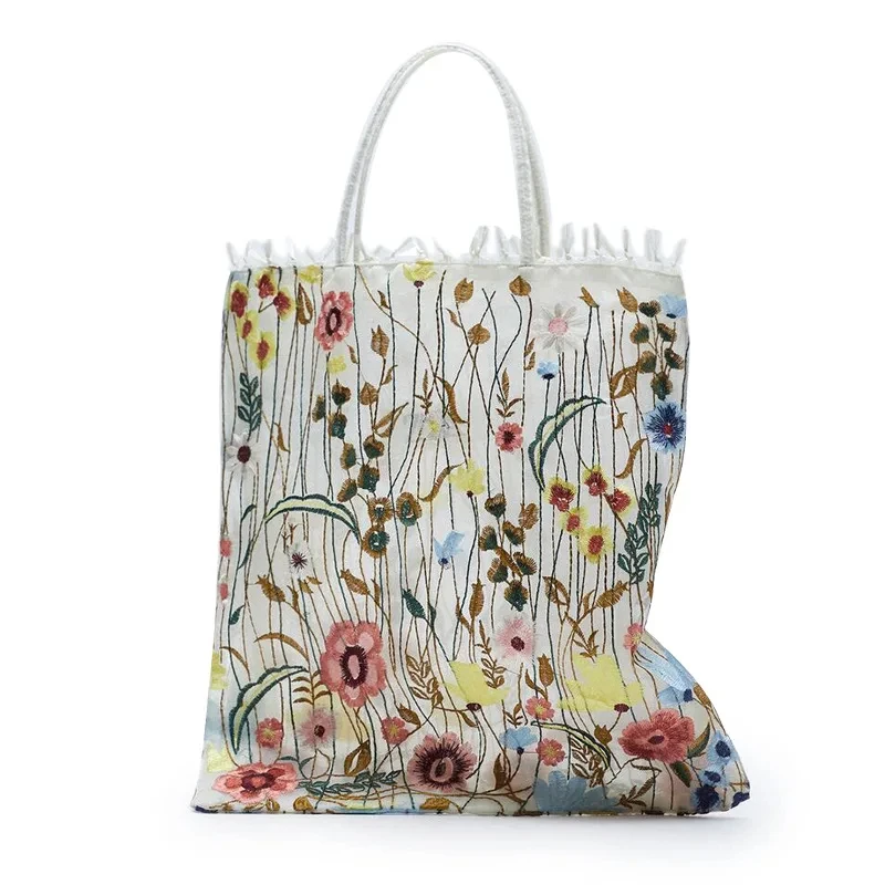 1Pc Fashion Tote Summer New Style Mesh Full Embroidery Flowers Clear Shoulder Bag Romantic Handbag Women\'s Eco Shopping Bag 2023