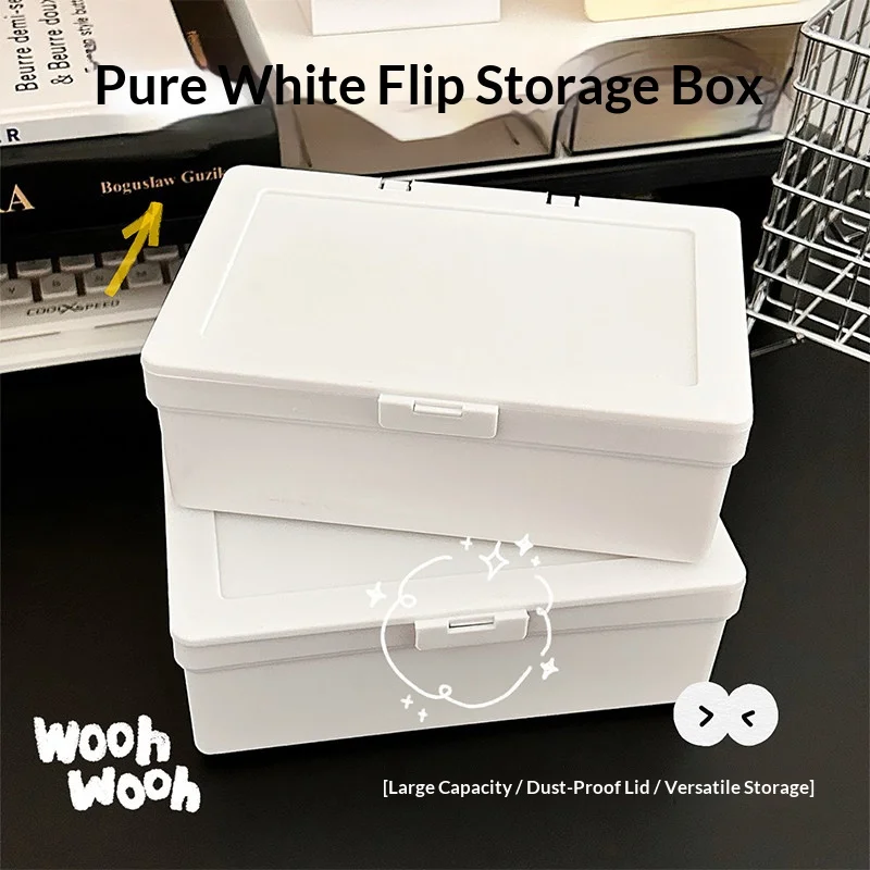 White Flip-top Plastic Storage Box Dustproof Photocard Sticker Hand Account Material Desktop Sundry Stationery Organizer