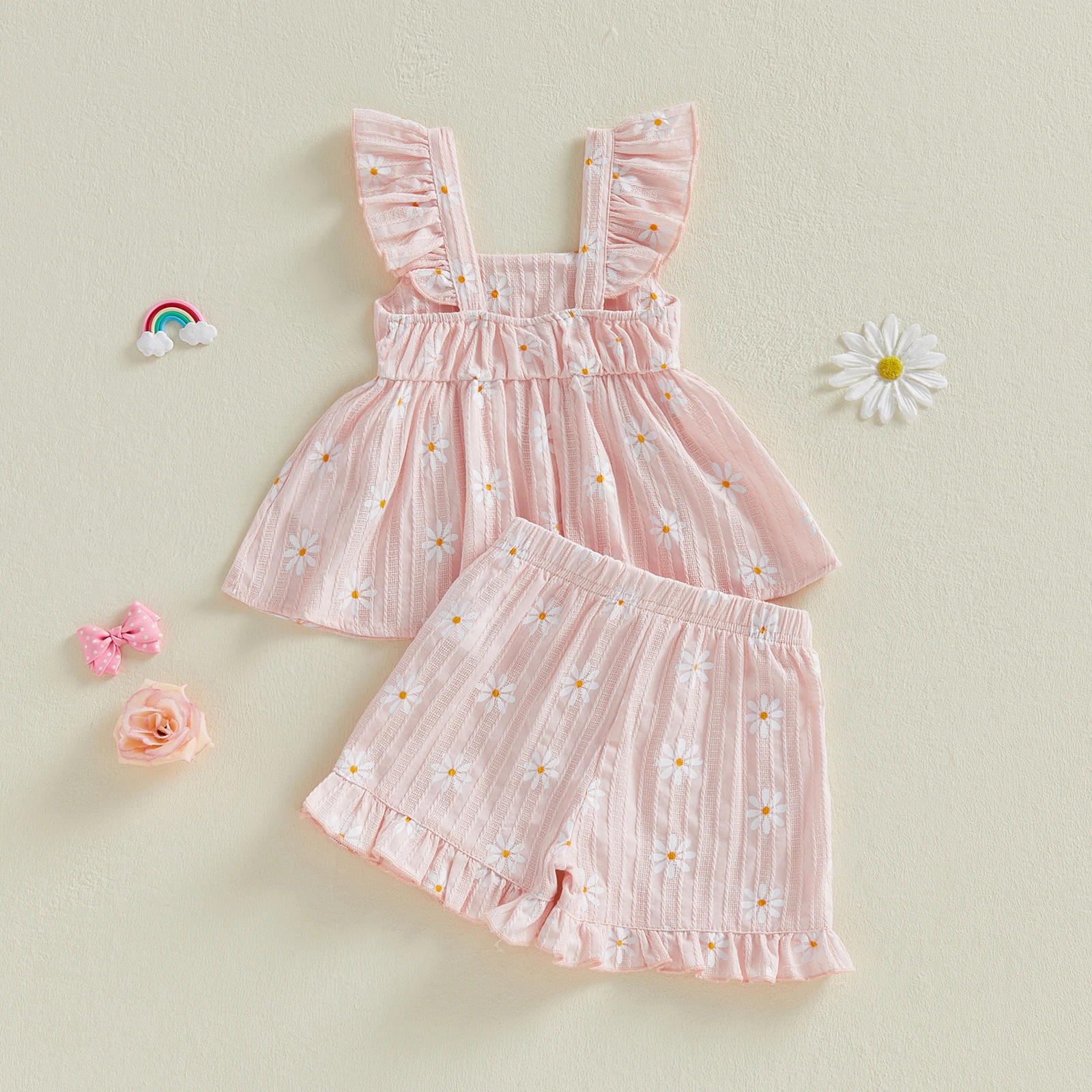 Tregren Toddler Baby Girls 2 Piece Outfits Fashionable Daisy Pattern Sleeveless Square Collar Ruffled Tops and Shorts Set