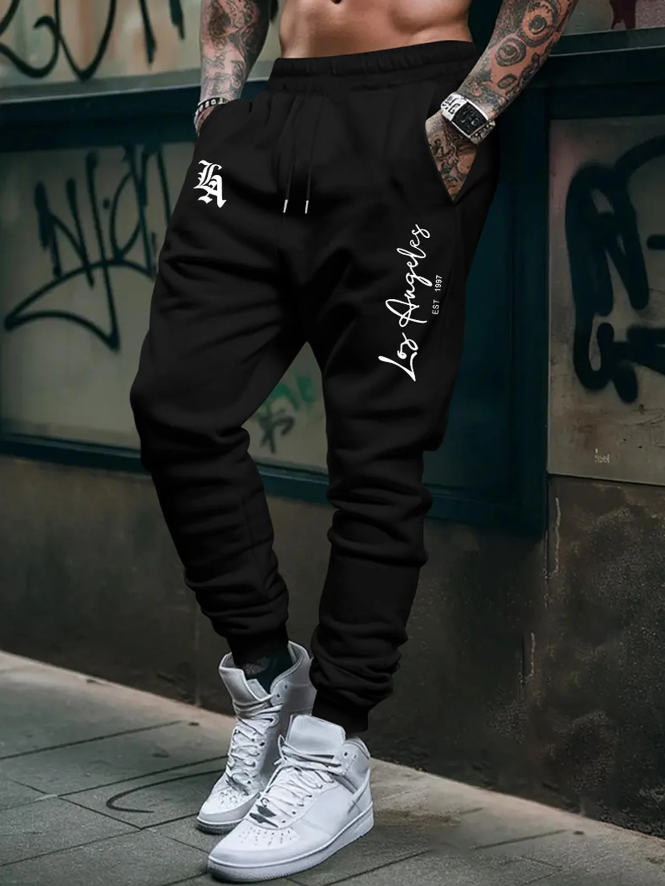 Retro West Coast Men's Long-Sleeved Sweatpants - Los Angeles Letter Pattern - Ribbon Ruffle Ankle Design - Daily Hip-Hop Style