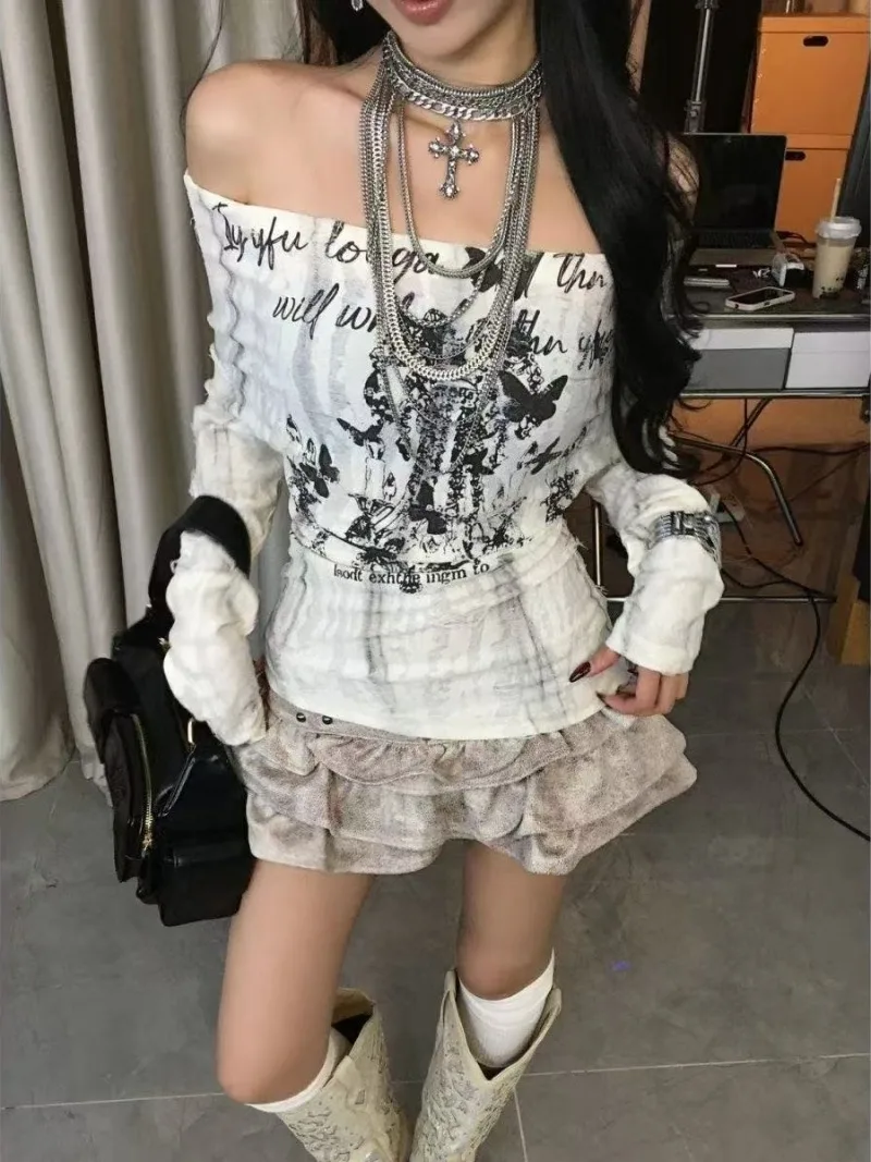 Women Punk Ripped Off Shoulder Long Sleeve T Shirt Y2K Hottie Streetwear Top Lace-Up Two-Way Wear Gothic Graphic Butterfly Tees