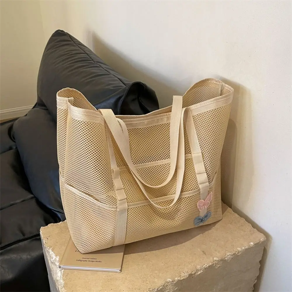 Bolso de hombro de gran capacidad para mujer, bolsa de mano portátil, suave, hueca, para playa, resistente al desgaste, de malla, para compras