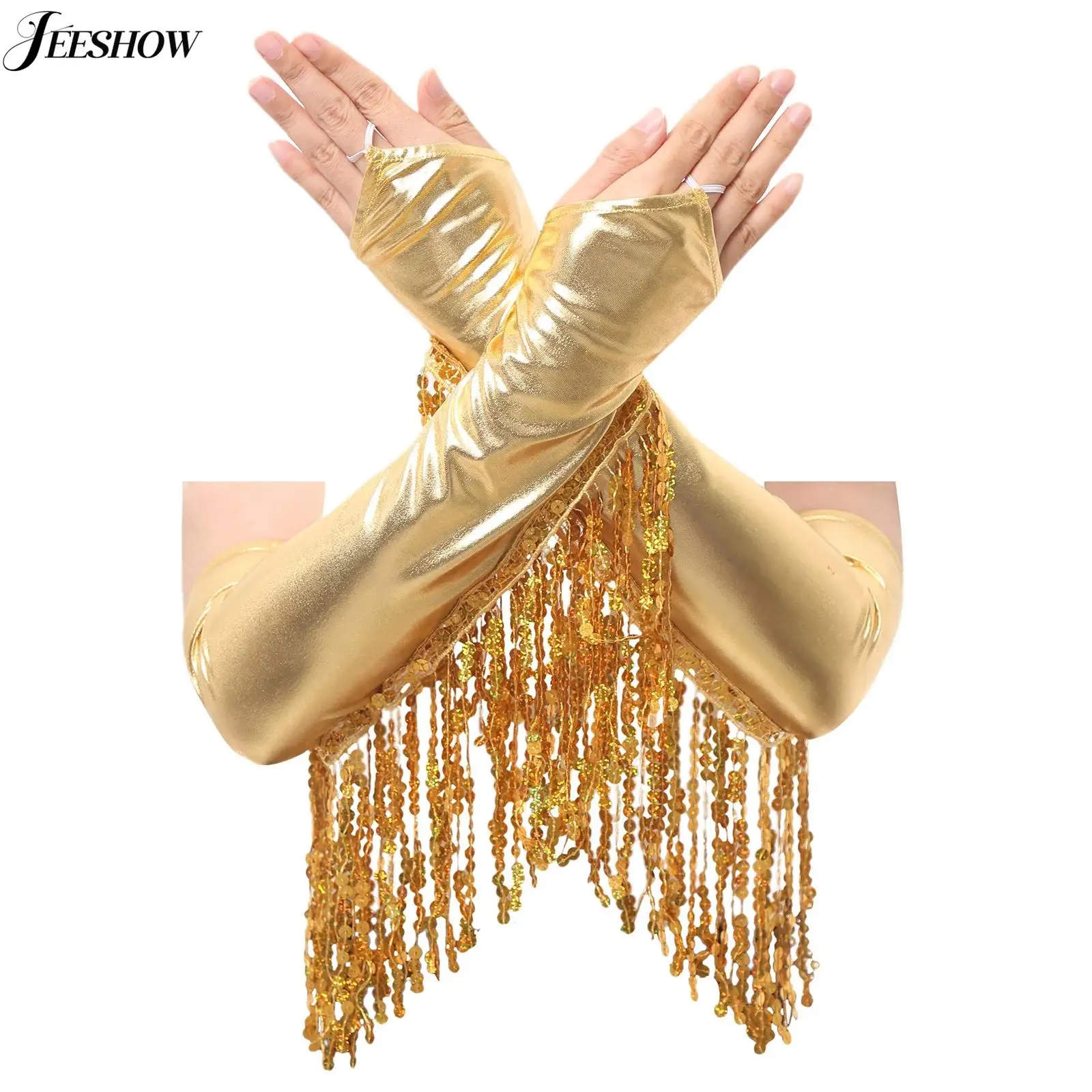

Adult Unisex Shiny Sequin Tassel Fingerless Gloves Fringed Elbow Length Long Gloves Music Festival Dance Party Mittens Costume