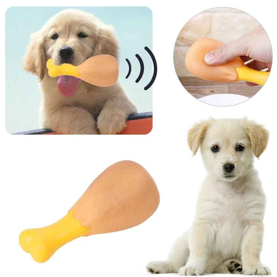 Robustes Kauspielzeug für Hunde aus Gummi in Form eines Hühnertrommelstöcks mit Quietscher für interaktives Welpenspiel – Detail 1