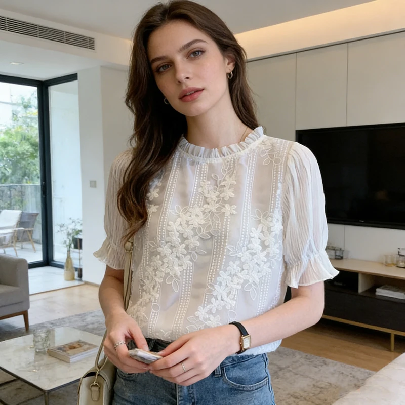 

Short Sleeve Lace Blouse Women Casual Loose Sweet Summer Shirt White Embroidery Flower Chiffon Ladies Ruffled Femme Tops 18927