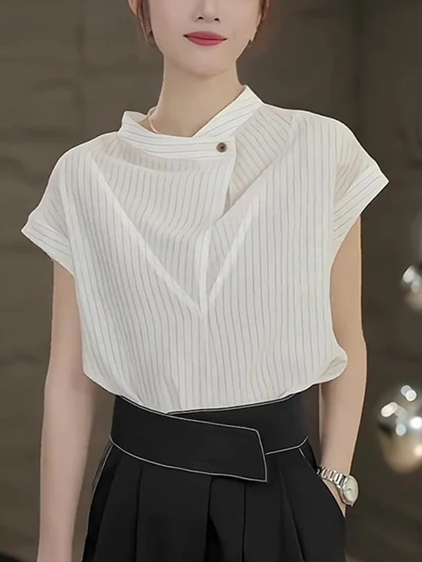 

Модная белая полосатая рубашка с коротким рукавом для женщин, летняя новинка, универсальная повседневная модель свободного кроя в корейском стиле