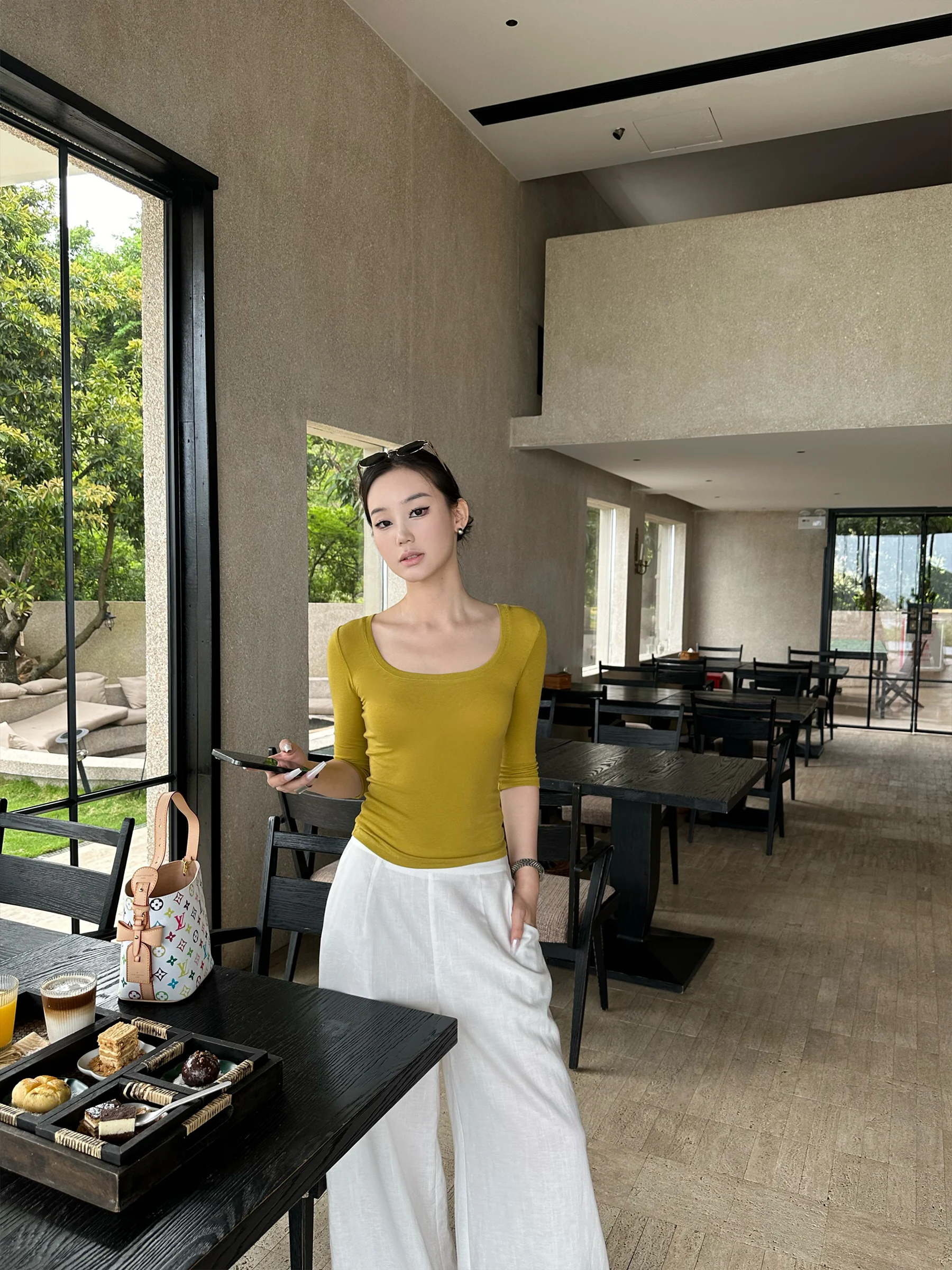 

5werkwen Mat Aesthetic Large U-Ne футболка шерстяной облегающий ор Sve однотонный вязаный летний топ для женщин