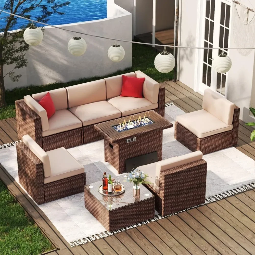 

8-Piece Outdoor Patio Furniture Set Outdoor Sectional Wicker Rattan Conversation Set with Propane Fire Pit Table Garden Sofas