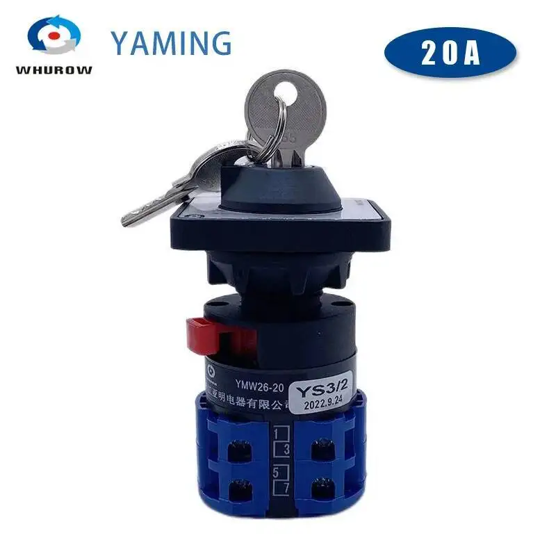 Lw26 Drie Positie 20a Twee Polen Universele Wisselnokkenschakelaar Met Vergrendelingssleutel 22Mm Gat Eenvoudige Installatie YMW26-20YS3/2s1