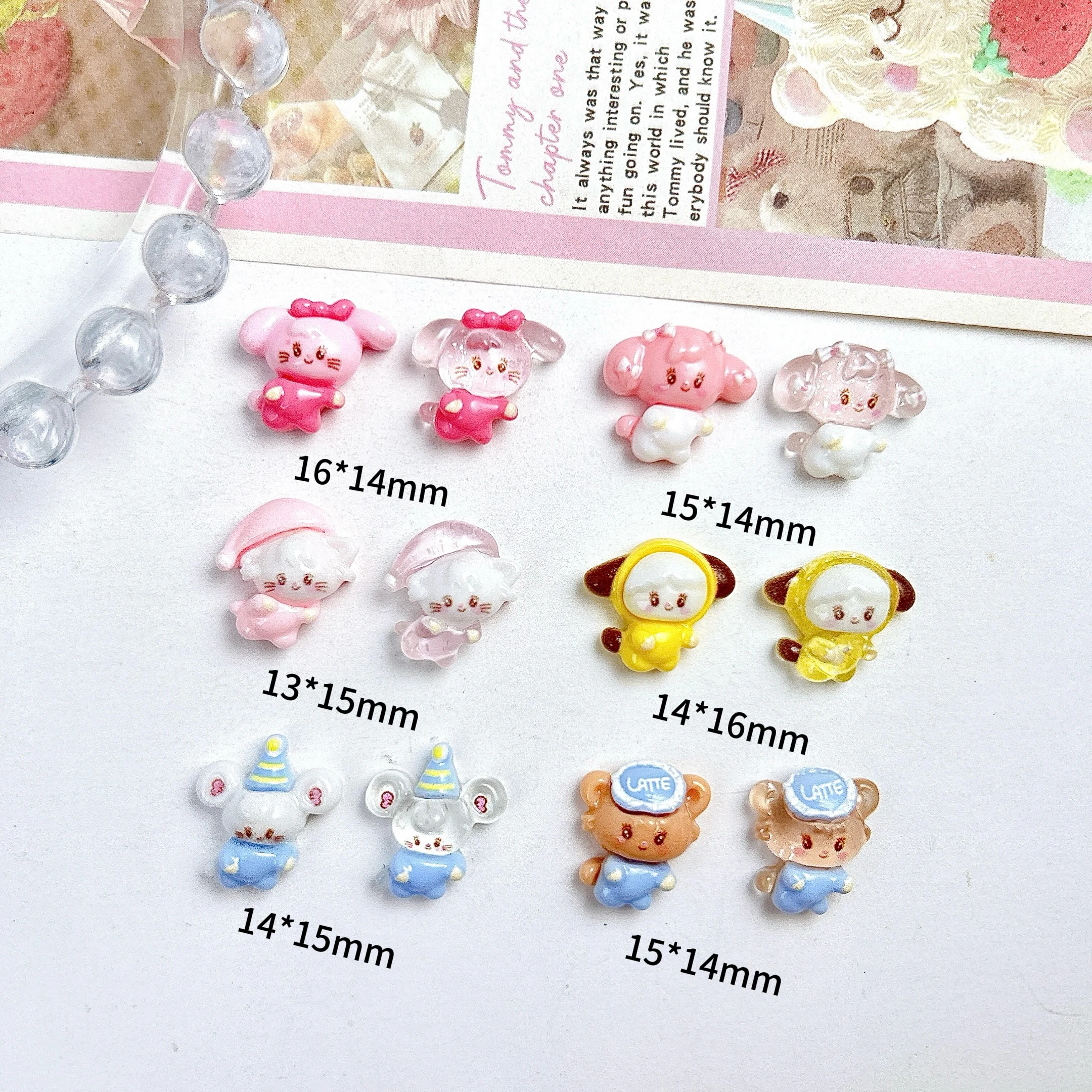 20 pièces dessin animé mignon pyjamas chat ours résine ongles breloques Double Style souris chien mixte animaux Nail Art décorations bricolage pince ongles