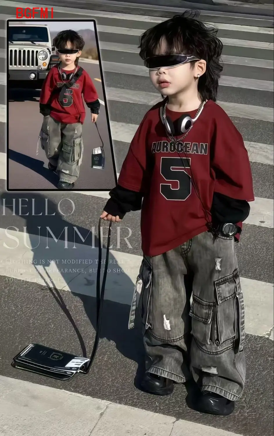 

Хлопковый комплект для мальчиков, весна-осень 2026, новый корейский красный детский модный свитшот с цветными блоками + ковбойские штаны-карго, комплект из 2 предметов