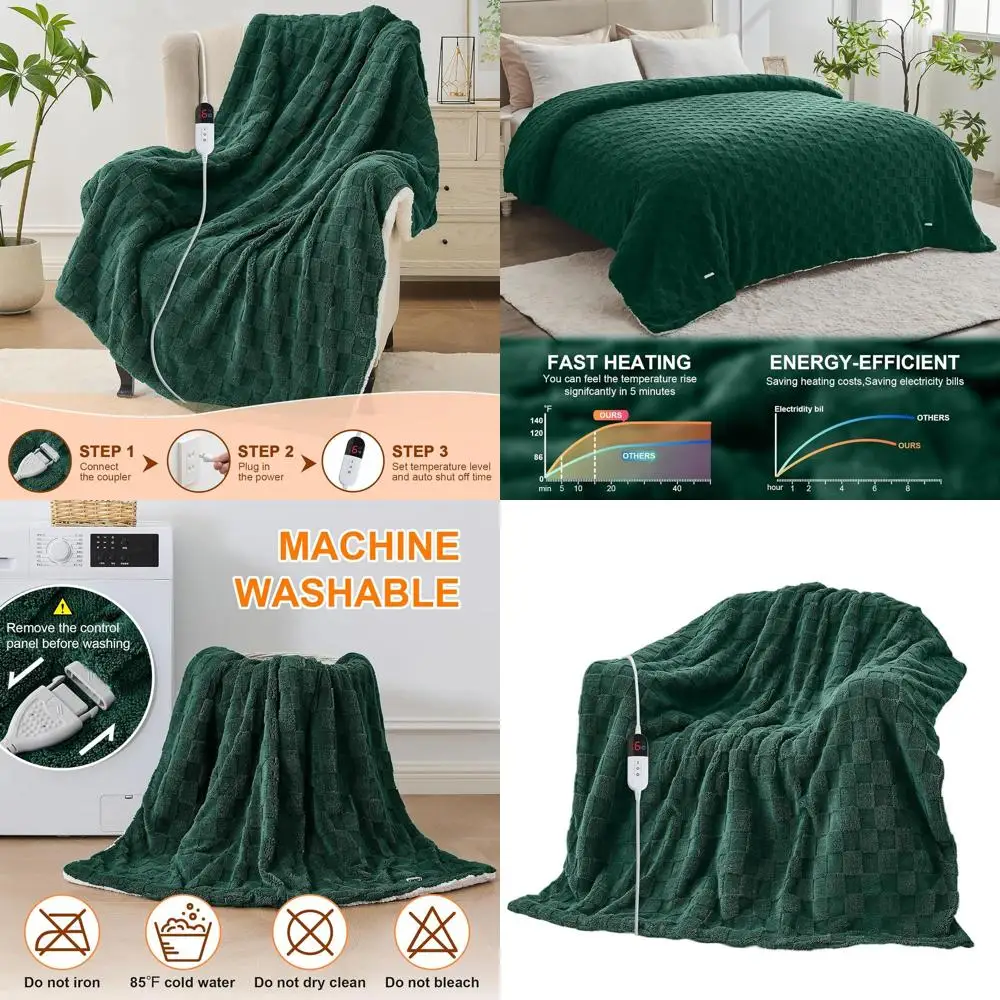 

Twin Jacquard Sherpa Electric Blanket - 62x84, 6 Heat Levels, 10-Hour Auto Shut-Off, Overheat Protection, Dark Green