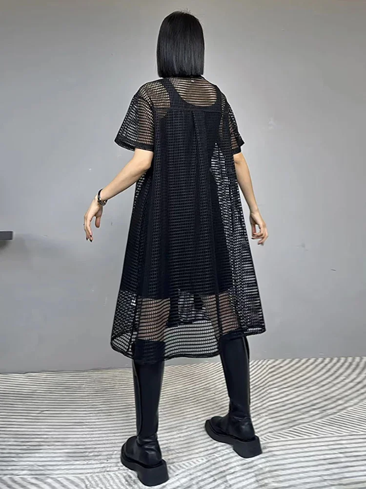 XITAO-vestido camisero con perspectiva calada, cuello vuelto, manga corta, bolsillos empalmados, moda de verano, nuevo vestido para mujer LYD1765