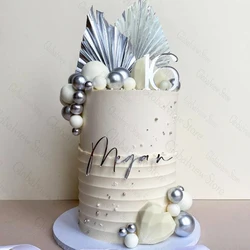 Silver Cake Decorations White Silver Balls Cake Toppers with Paper Palm Leaves Birthday Party Cake Decor