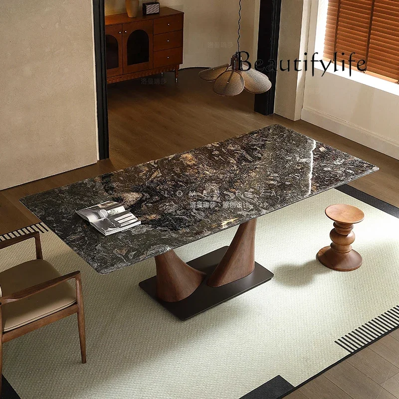 v High-end walnut color designer dining table and chair combination large apartment minimalist marble dining table