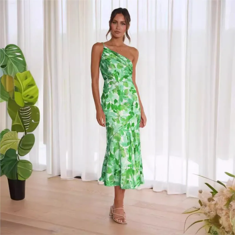 Letnie seksowne damskie skośne dekolt pończochy z rybim ogonem sukienki z nadrukiem modne bez rękawów z odkrytymi ramionami Patchwork Party Vestidos