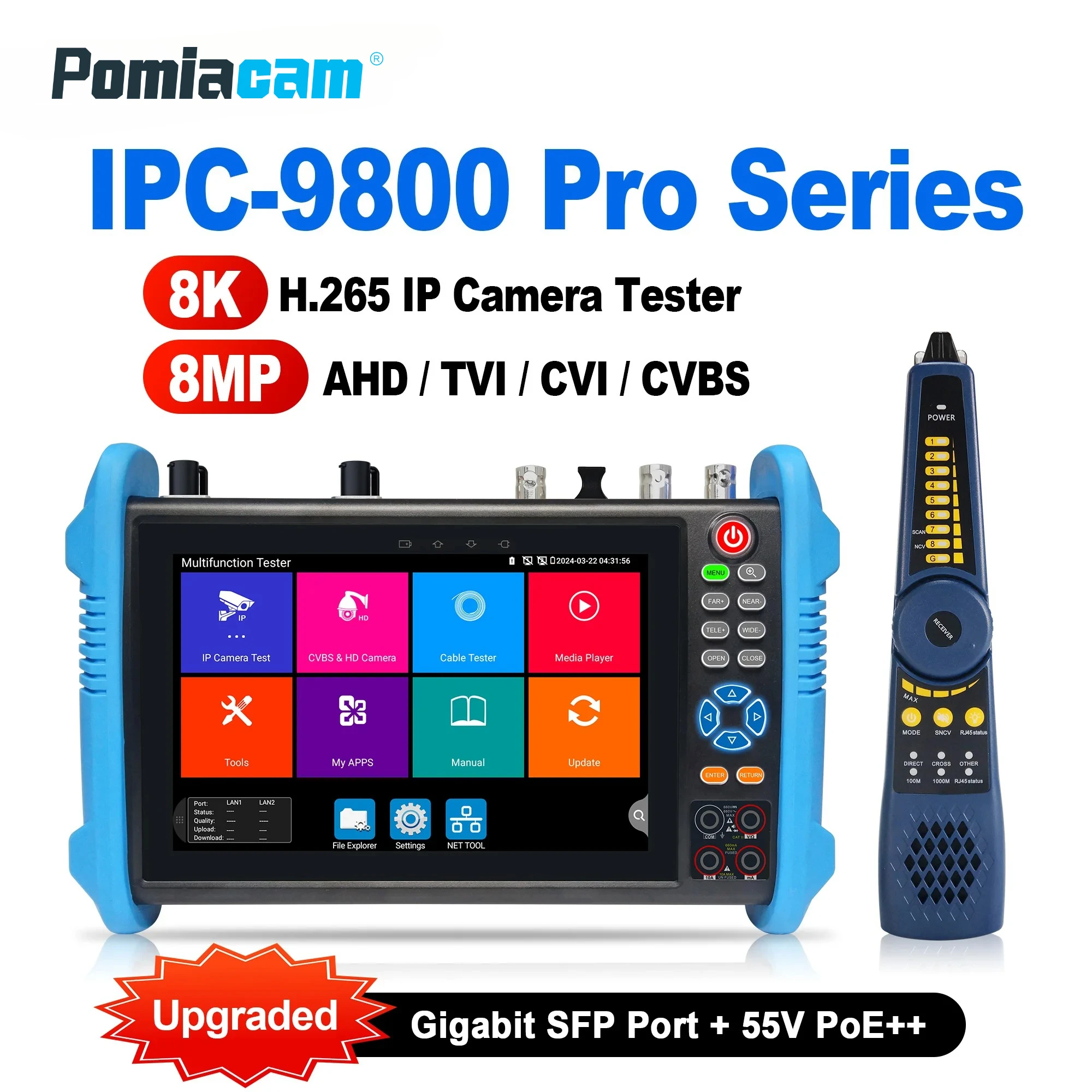 IPC-9800 Pro series 8K IP H.265 8MP AHD/TVI/CVI/SDI CCTV Tester IP Camera Tester 90W PoE++ RJ45 TDR Cable Test Gigabit SFP Port