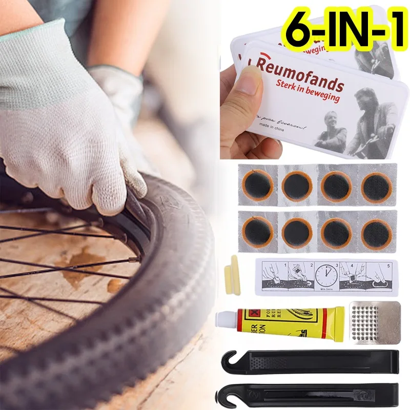 6-IN-1 Bike Tire Repair Tools Bicycle Flat Tire Repair Patch Rubber Strip Glue for Motorcycle Tire Puncture Patch Repair Kit Set