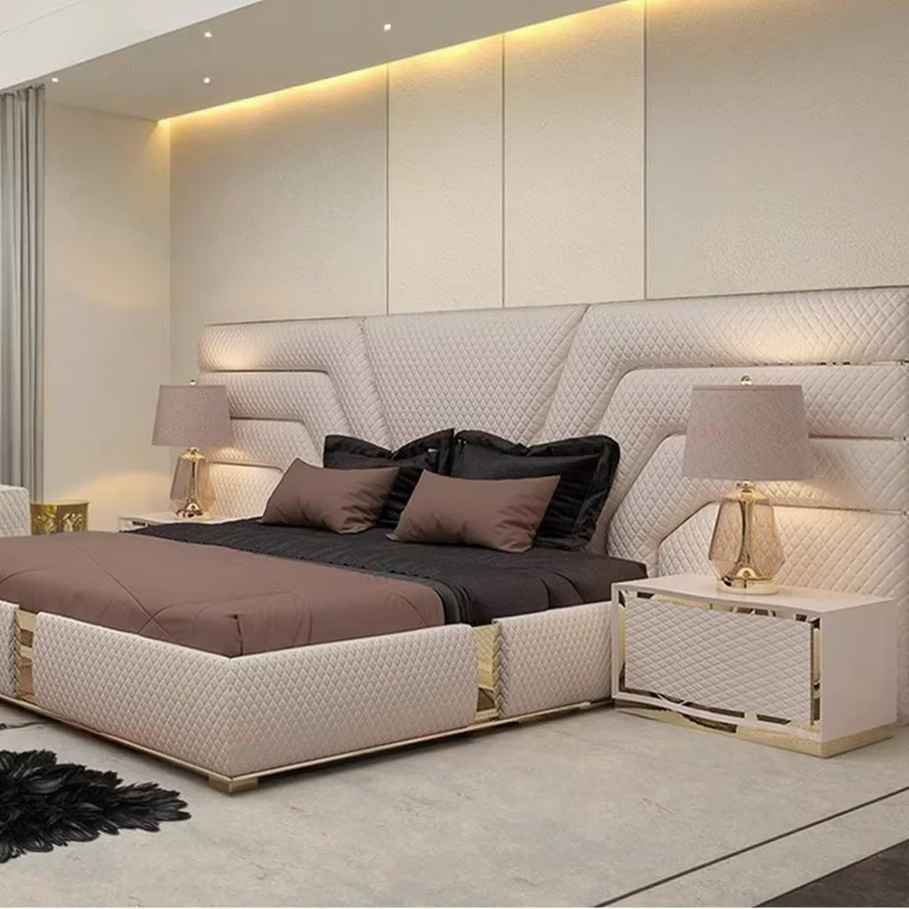 Lj Furniture Luxury أحدث تصميم مجموعة أثاث غرفة النوم النوم جلد طبيعي منجد إطار سرير مزدوج بحجم كينغ