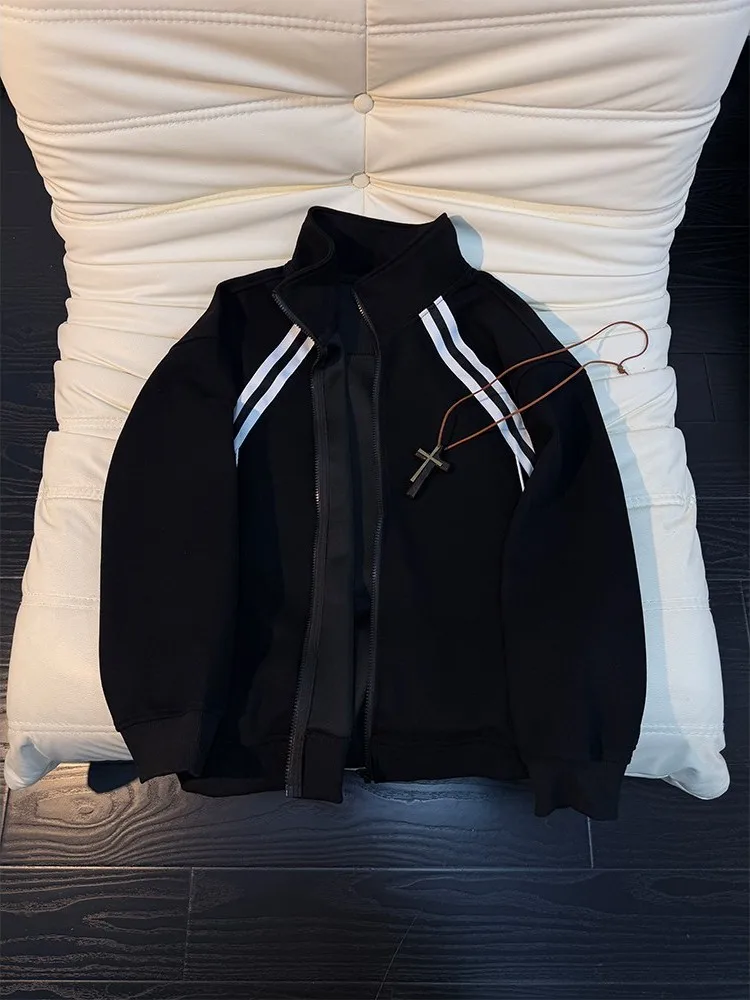 

American Retro Cleanfit Cardigan Sweatshirt Jacket Men Women Striped Design Couple Spring Trendy Loose Fit Long Sleeve Zipper