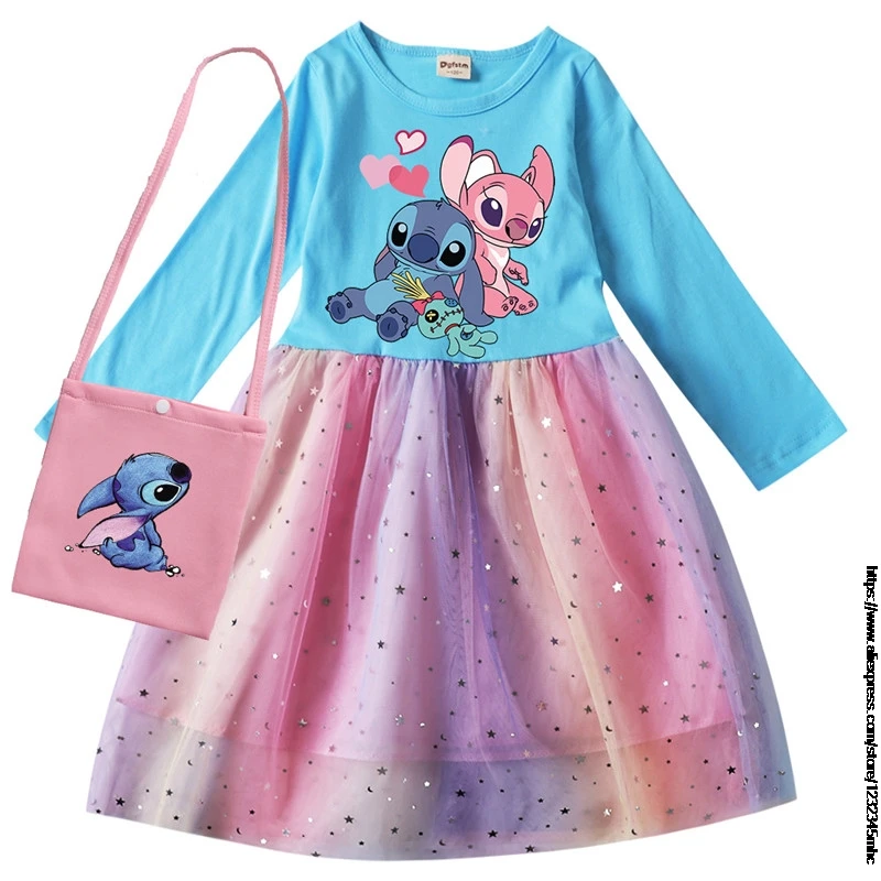 Disney Stitch Girls Long Sleeve Dress And Bag Kids Cosplay Dresses Princess Party Dresse Costume Baby Children Clothing