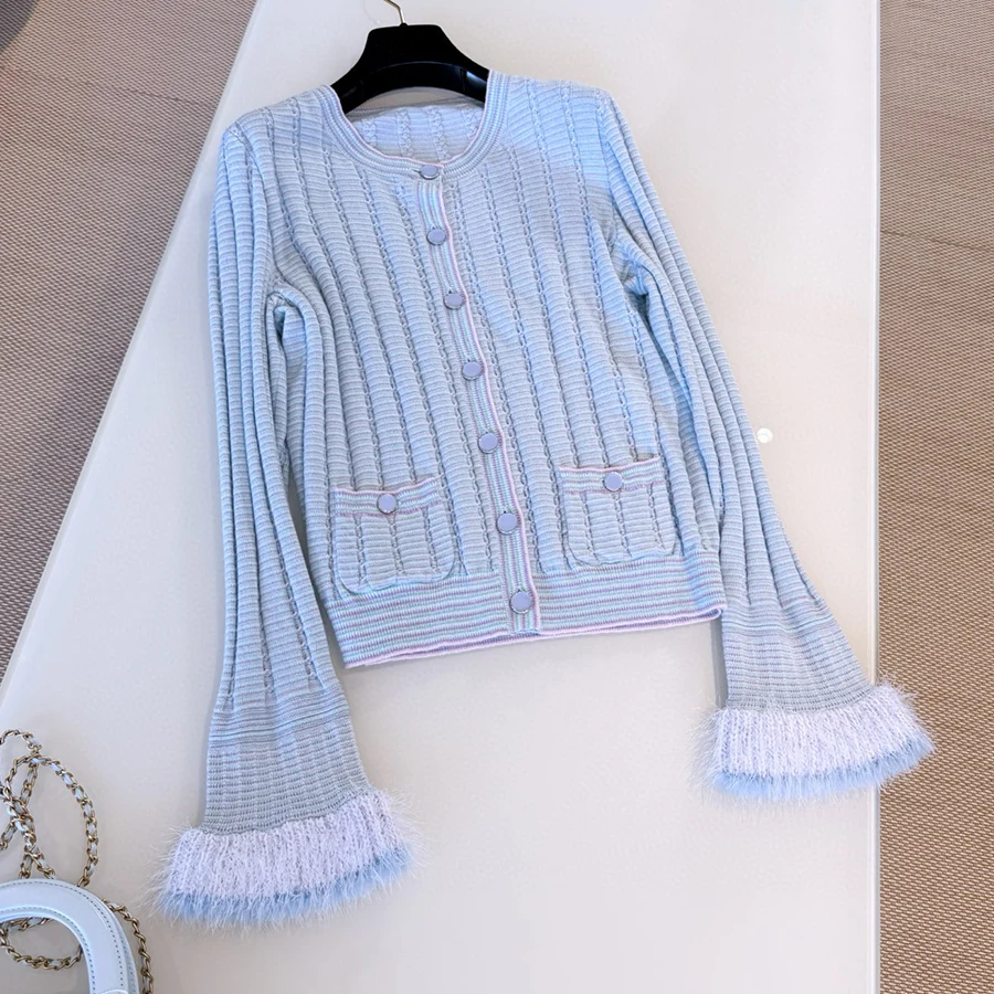 

NIGO женский весенне-осенний вязаный кардиган из кашемировой смеси хлопка с бахромой и круглым вырезом, эластичная короткая юбка Ngvp # nigo2338