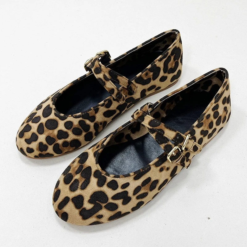 

TRZA Леопардовая женская обувь, модные балетки с круглым носком и замшевым украшением на поясе, на плоской подошве с неглубоким горлышком