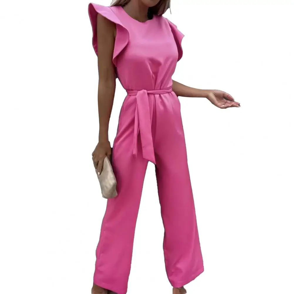 Summer Women's Jumpsuits 2024 Elegant Belt Solid Overalls Woman Jumpsuit Casual O-neck Ruffles Office Lady Wide Leg Playsuits